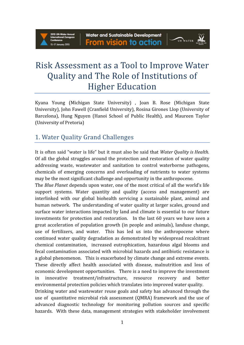 Risk Assessment As a Tool to Improve Water Quality and the Role of Institutions of Higher Education