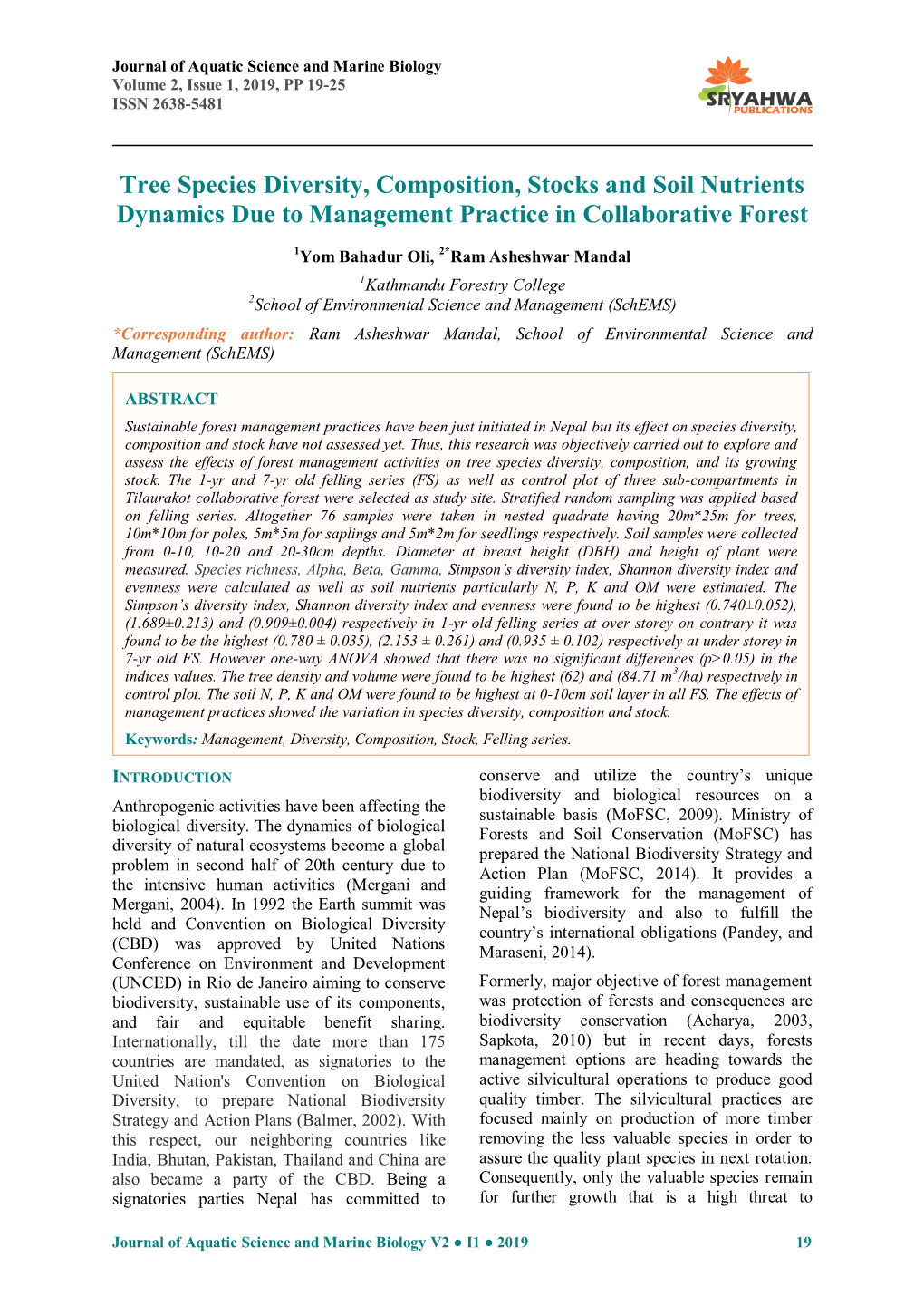 Tree Species Diversity, Composition, Stocks and Soil Nutrients Dynamics Due to Management Practice in Collaborative Forest