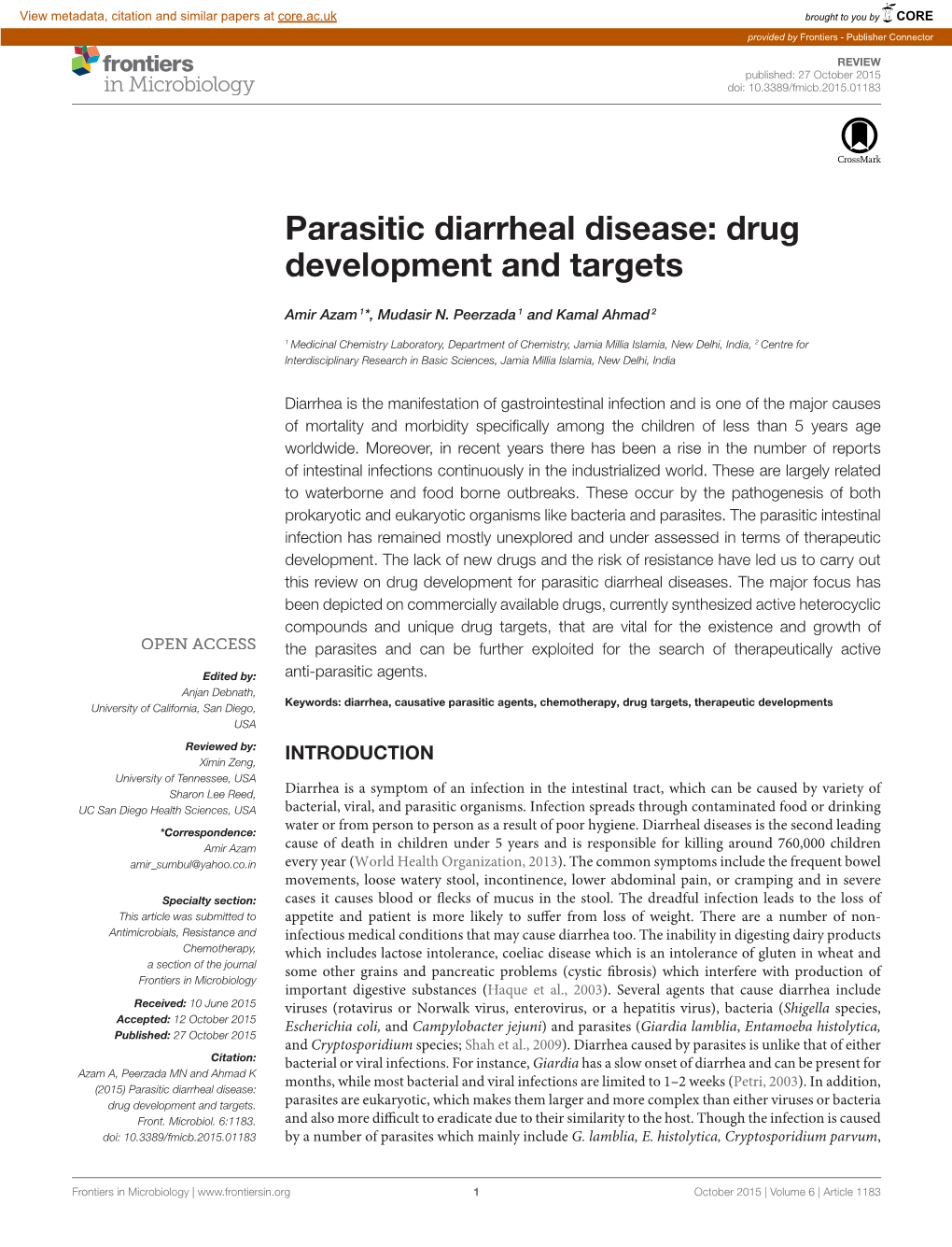 Parasitic Diarrheal Disease: Drug Development and Targets