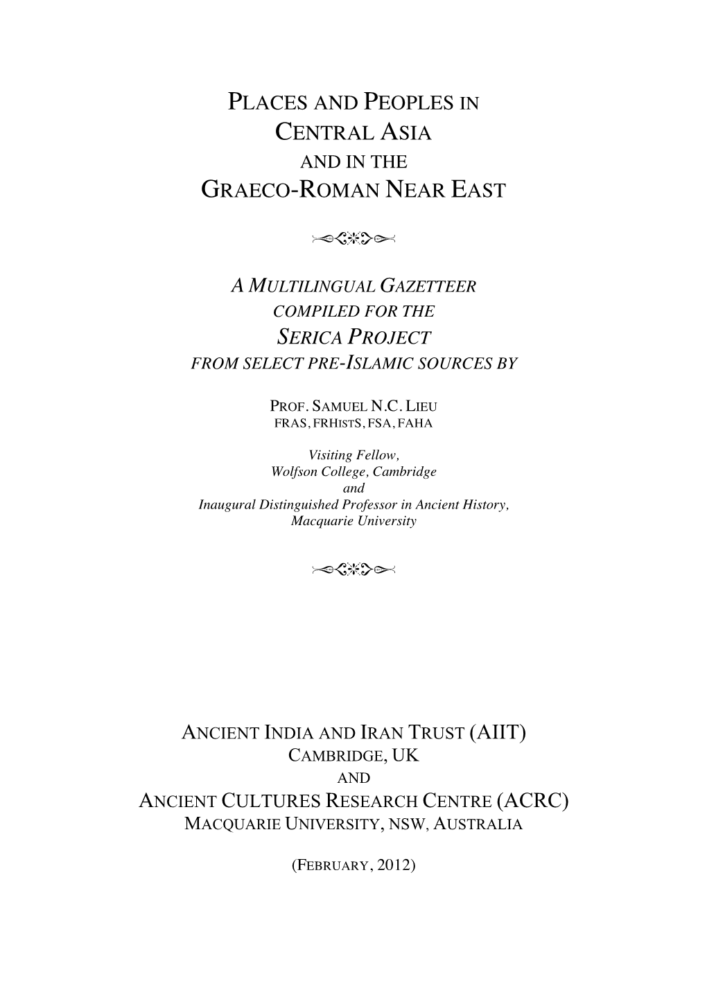 Places and Peoples in Central Asia Graeco-Roman