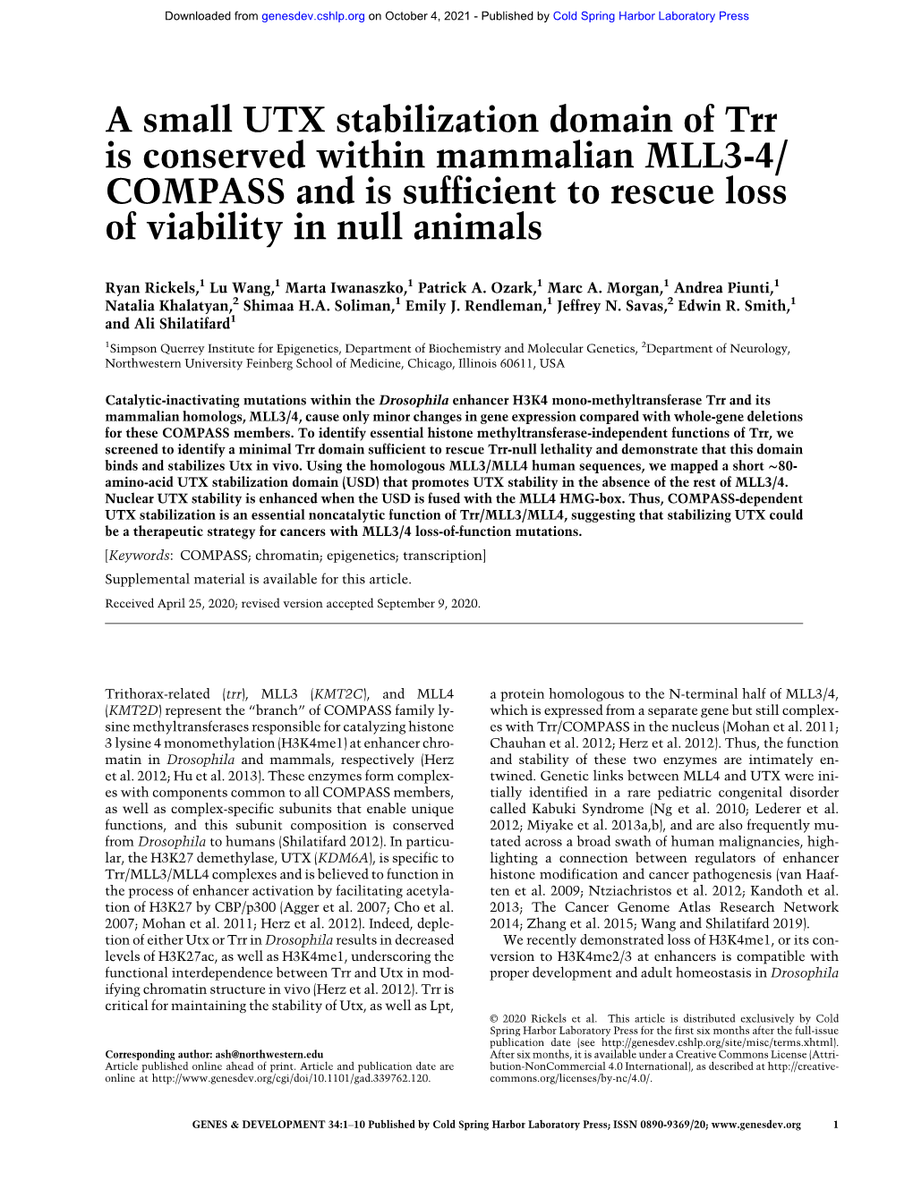 A Small UTX Stabilization Domain of Trr Is Conserved Within Mammalian MLL3-4/COMPASS and Is Sufficient to Rescue Loss of Viability in Null Animals