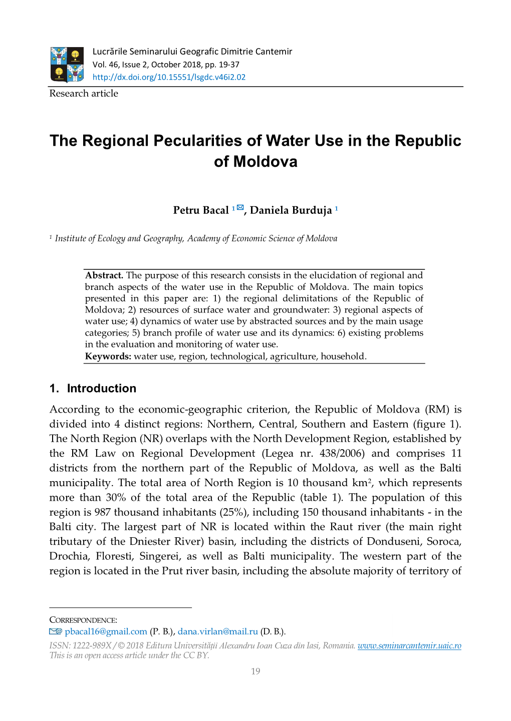 The Regional Pecularities of Water Use in the Republic of Moldova