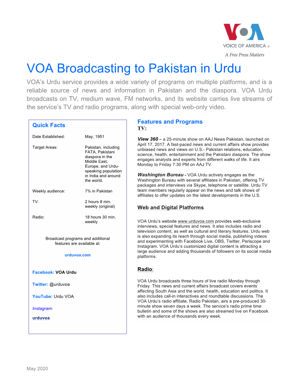 VOA Broadcasting to Pakistan in Urdu