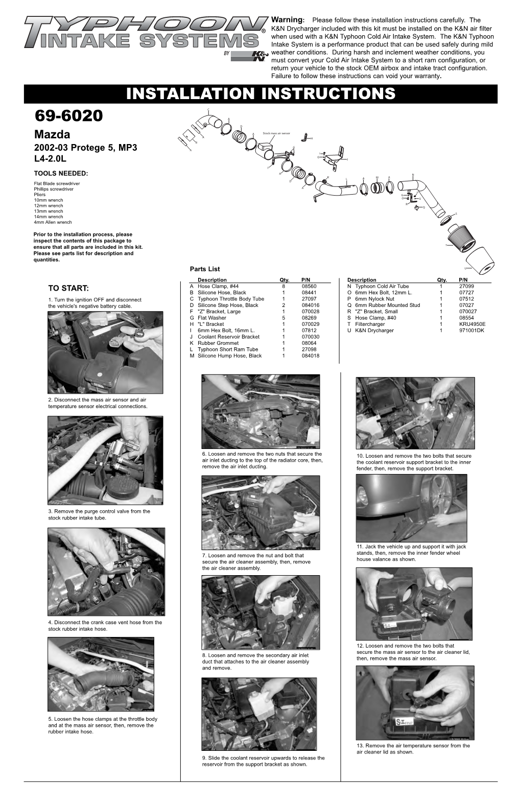 K&N 69-6020TS Air Intake Kit Installation Instructions