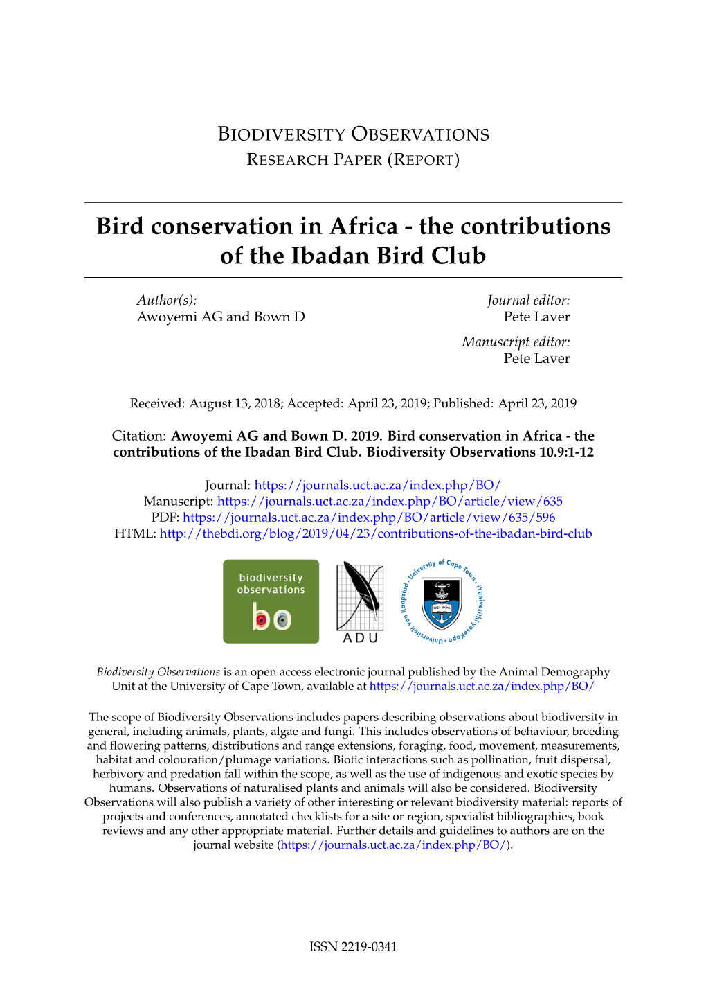 Bird Conservation in Africa - the Contributions of the Ibadan Bird Club