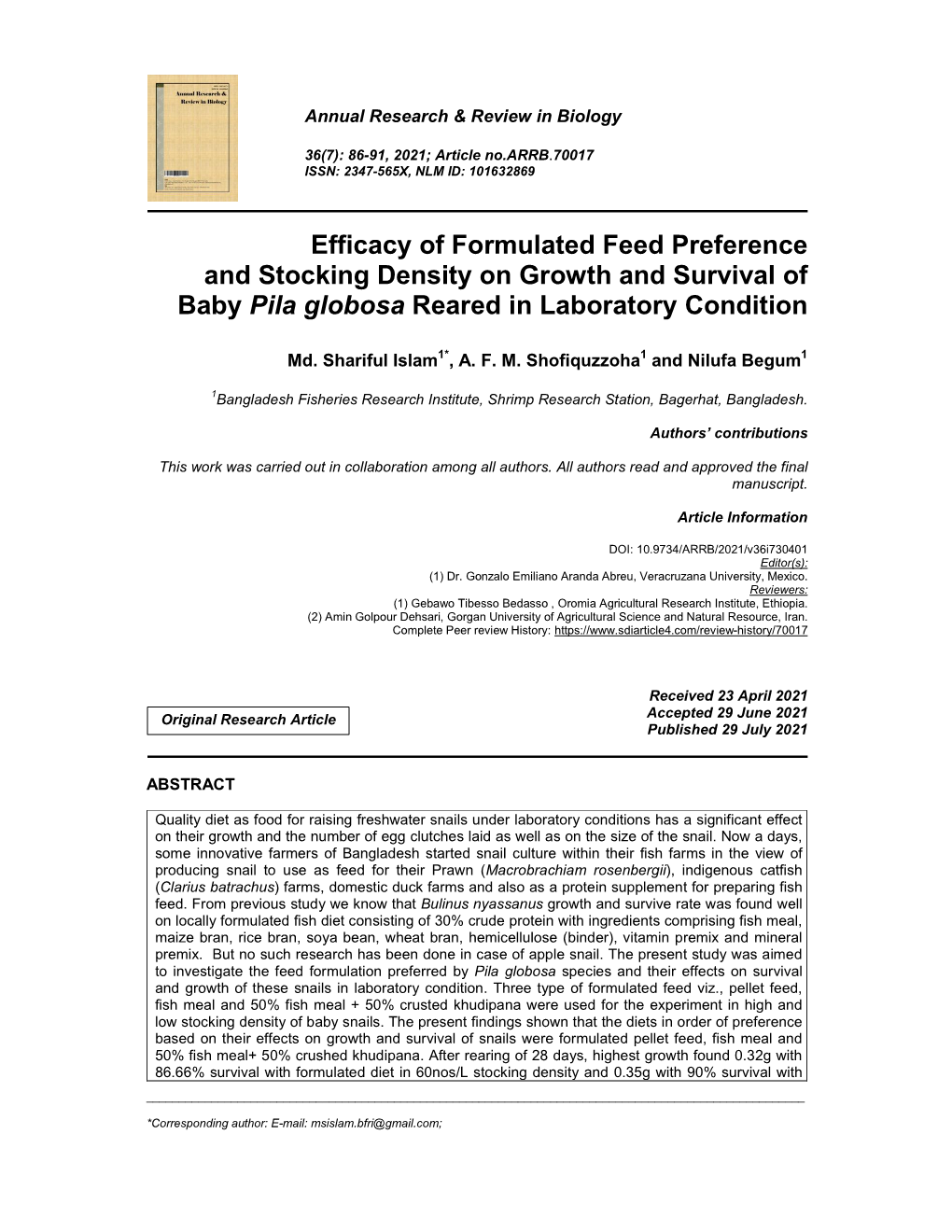 Efficacy of Formulated Feed Preference and Stocking Density on Growth and Survival of Baby Pila Globosa Reared in Laboratory Condition