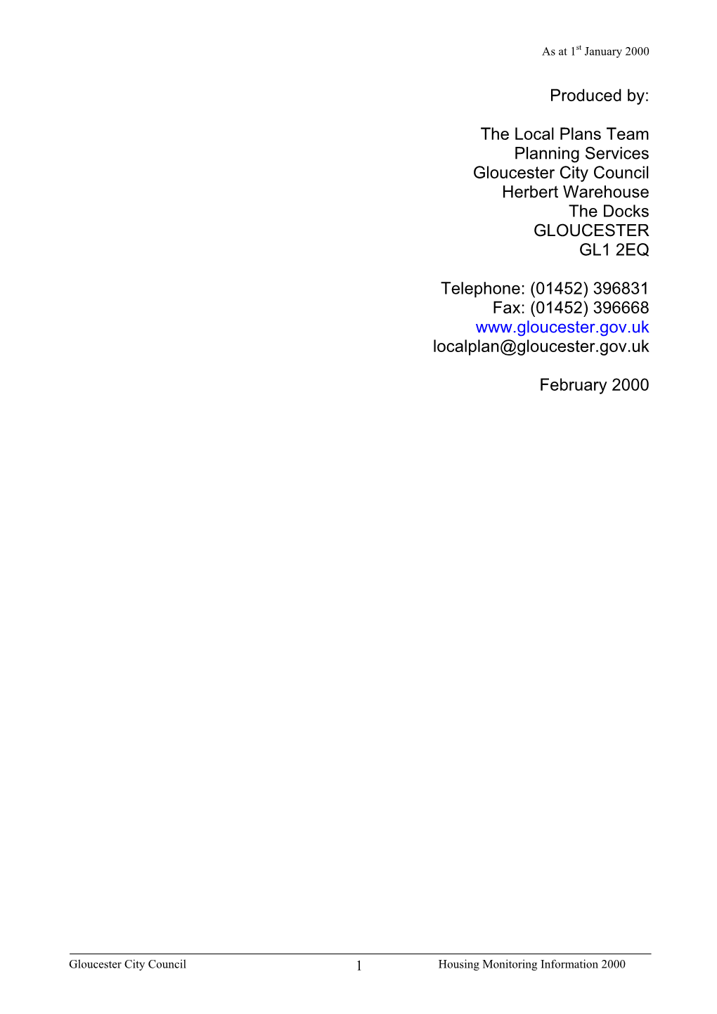 Housing Monitoring Information 2000 As at 1St January 2000