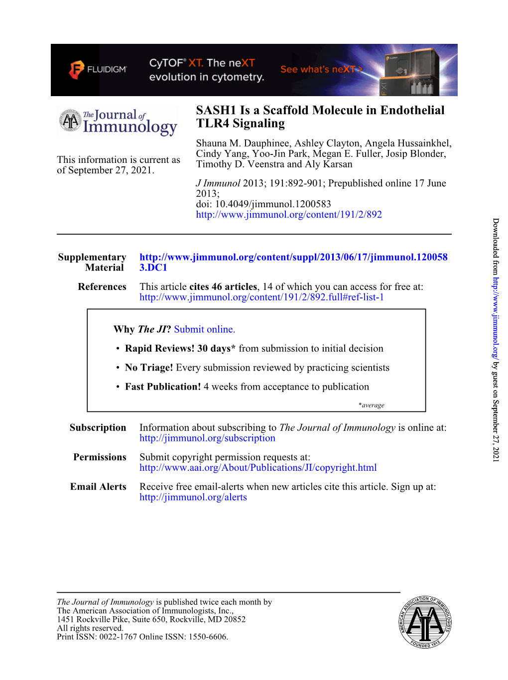 TLR4 Signaling SASH1 Is a Scaffold Molecule in Endothelial