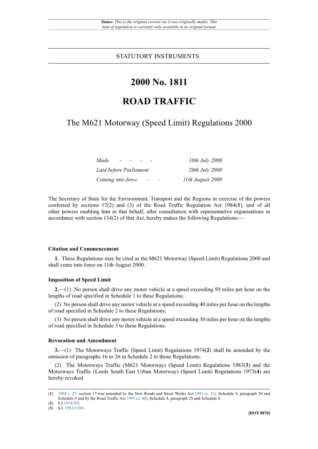 The M621 Motorway (Speed Limit) Regulations 2000