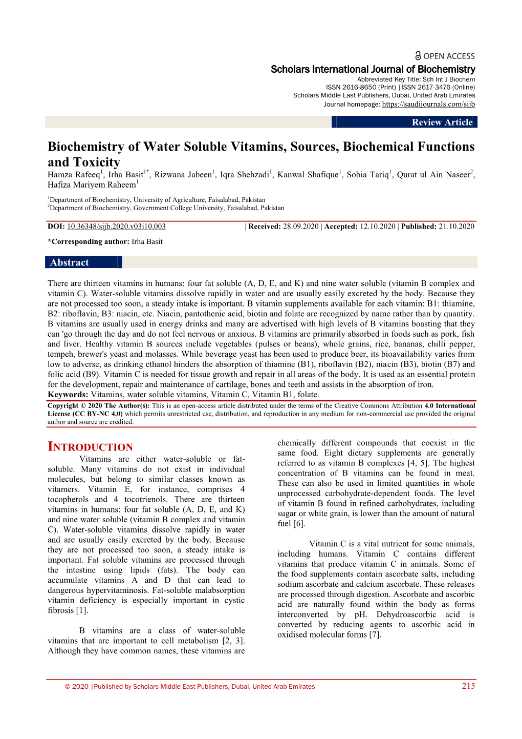 Biochemistry of Water Soluble Vitamins, Sources, Biochemical