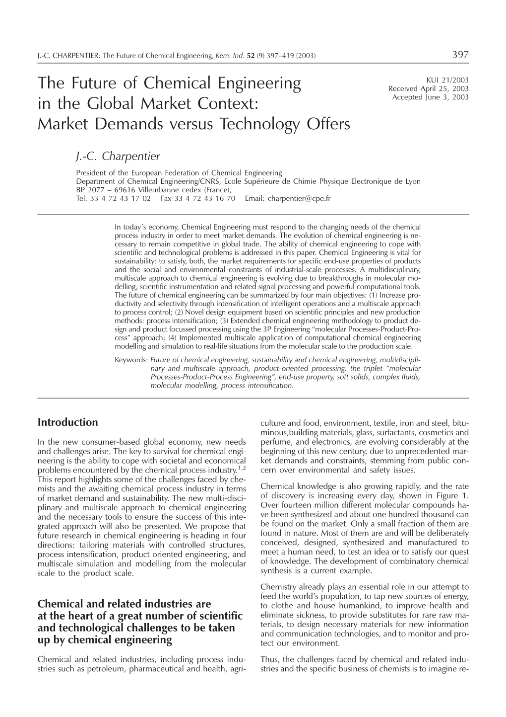 The Future of Chemical Engineering in the Global Market Context