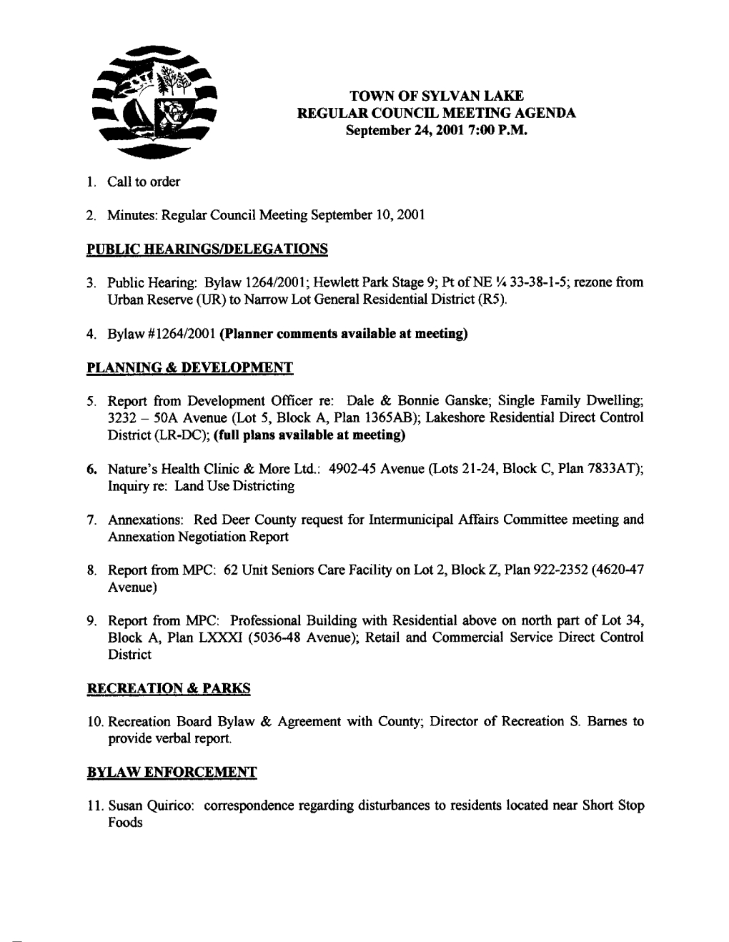 TOWN of SYLVAN LAKE REGULAR COUNCIL MEETING AGENDA September 24, 20017:00 P.M