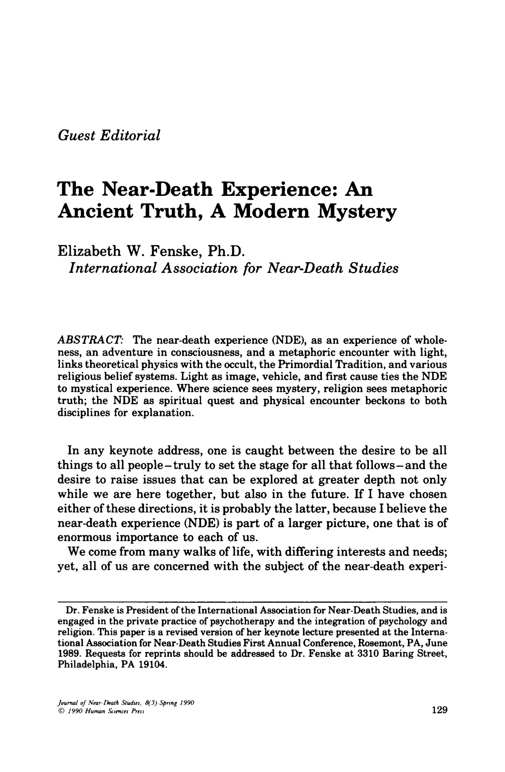 The Near-Death Experience: an Ancient Truth, a Modern Mystery