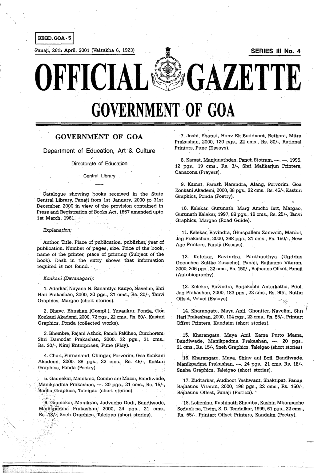 OFFICIAL~GAZETTE GOVERNMENT Rof GOA