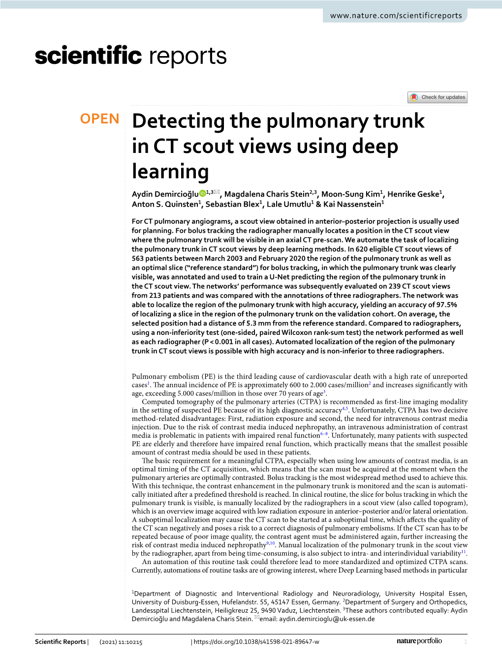 Detecting the Pulmonary Trunk in CT Scout Views Using Deep Learning Aydin Demircioğlu 1,3*, Magdalena Charis Stein2,3, Moon‑Sung Kim1, Henrike Geske1, Anton S