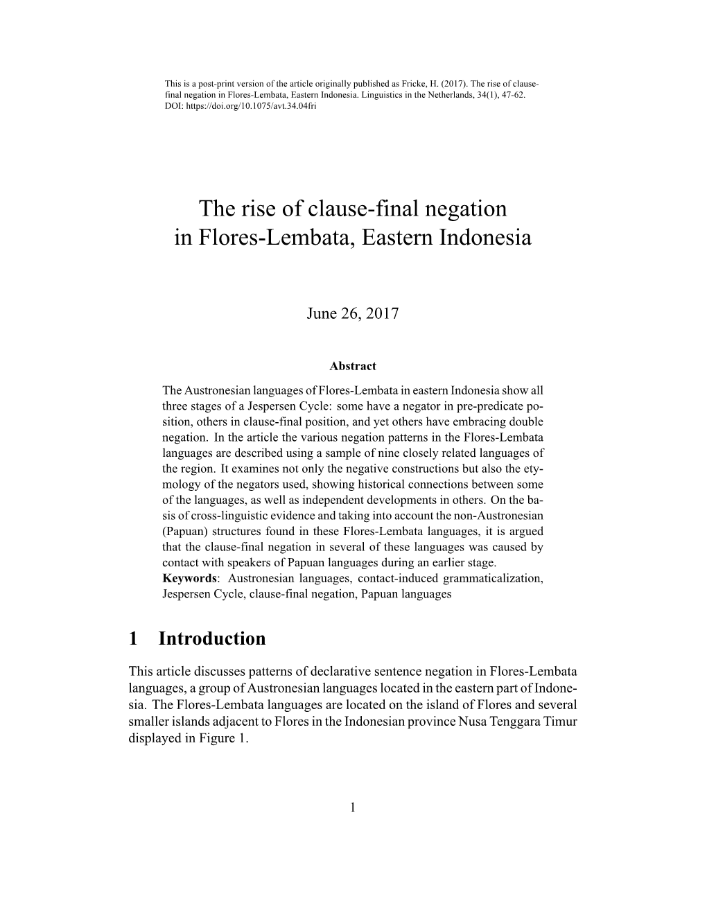 The Rise of Clause-Final Negation in Flores-Lembata, Eastern Indonesia