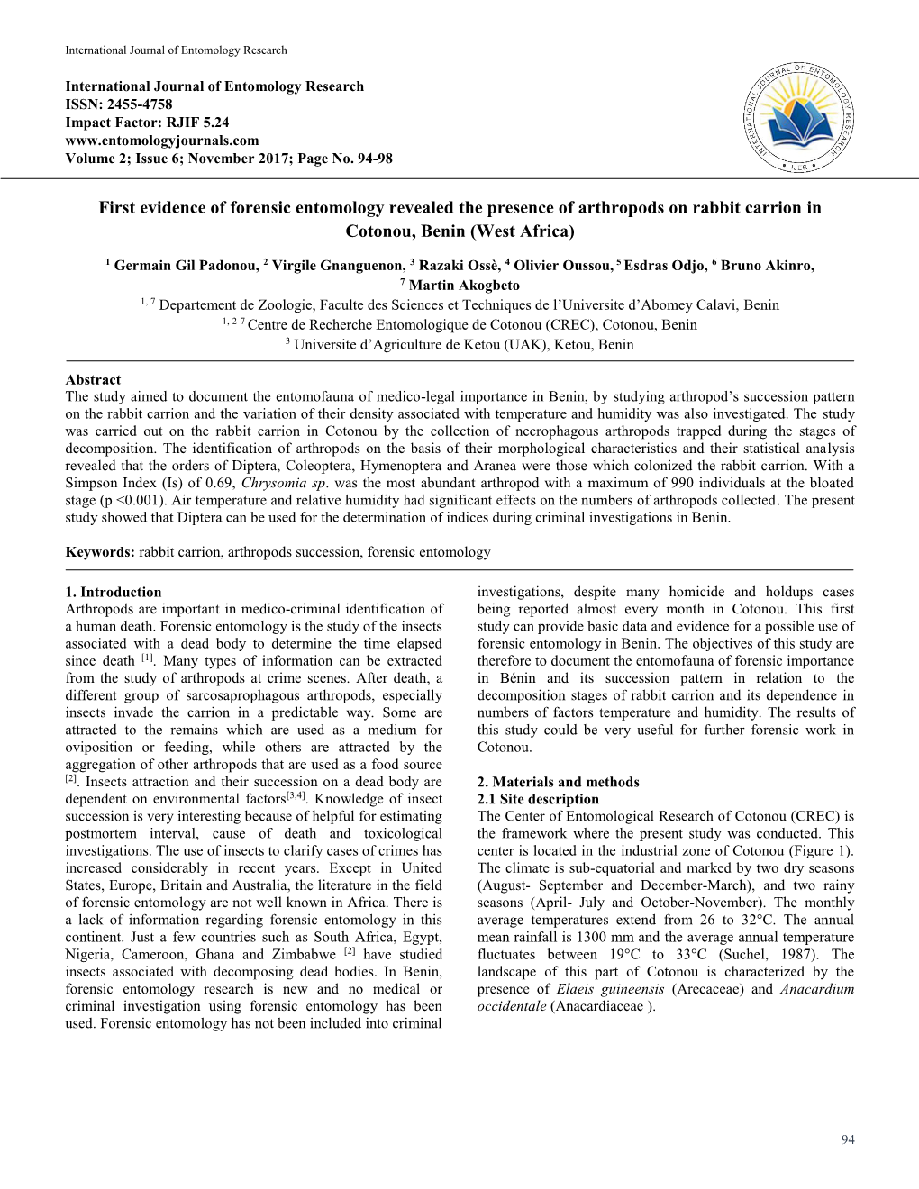 First Evidence of Forensic Entomology Revealed the Presence of Arthropods on Rabbit Carrion in Cotonou, Benin (West Africa)