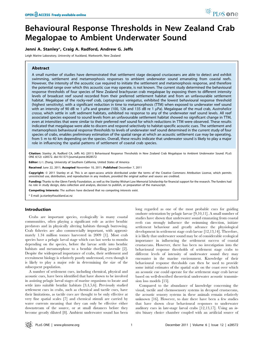 Behavioural Response Thresholds in New Zealand Crab Megalopae to Ambient Underwater Sound