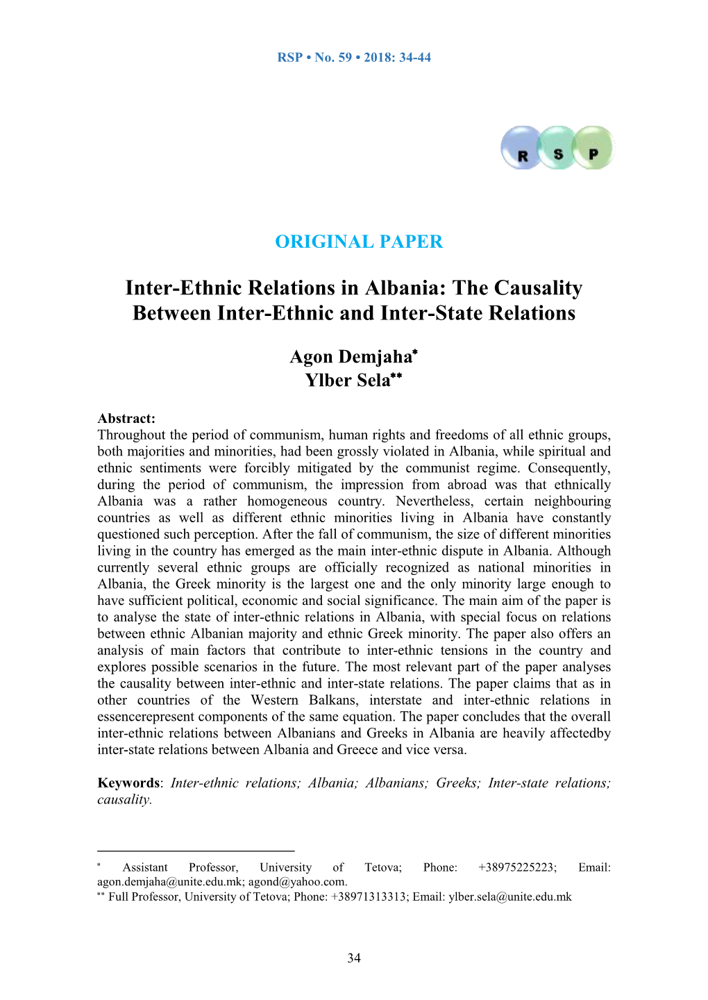 Inter-Ethnic Relations in Albania: the Causality Between Inter-Ethnic and Inter-State Relations