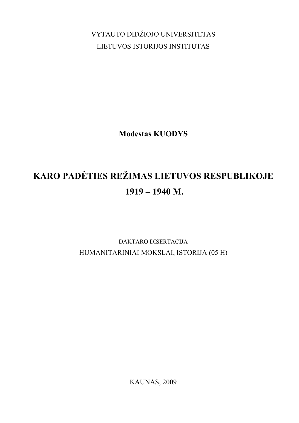 Karo Padėties Režimas Lietuvos Respublikoje 1919