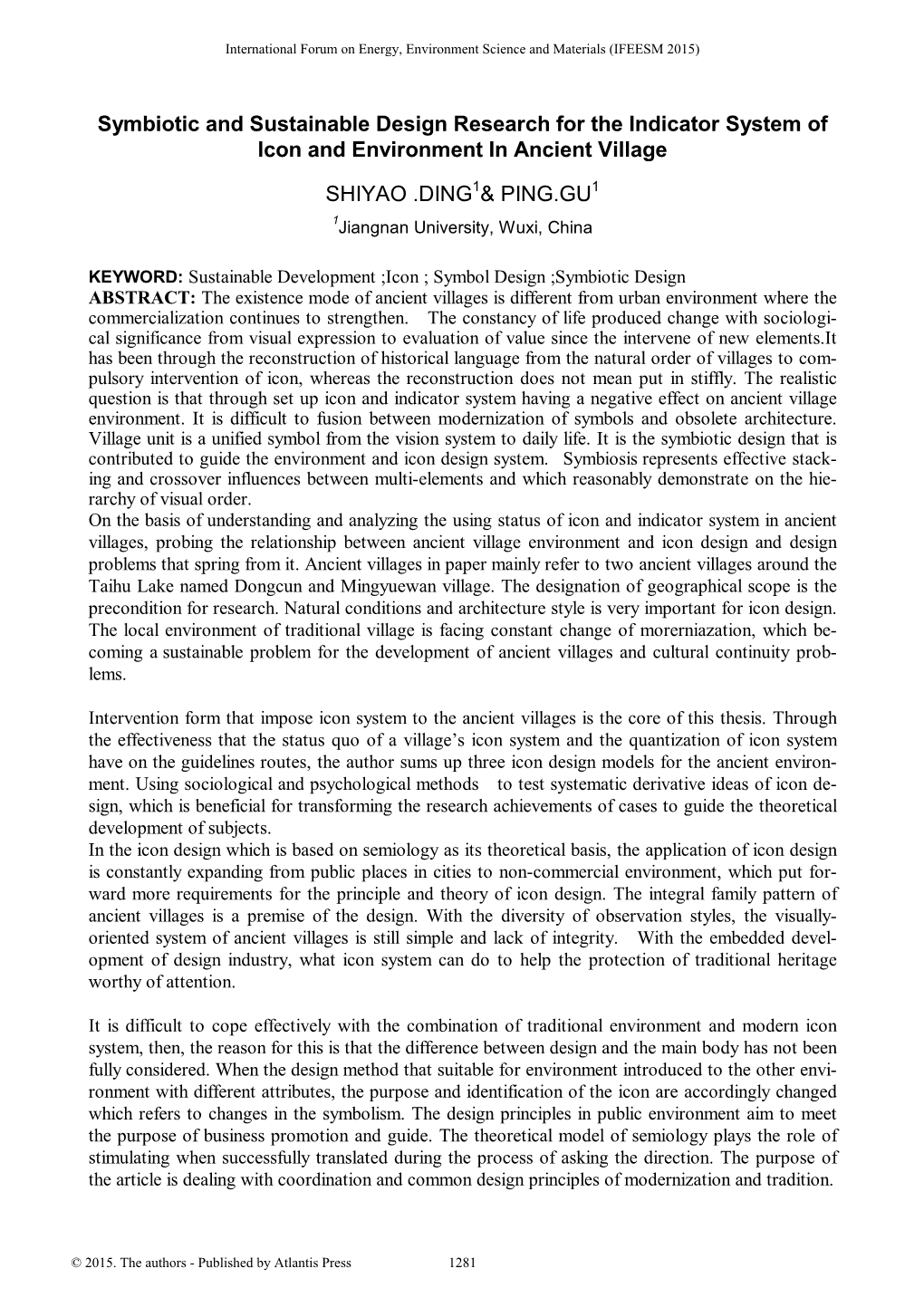 Symbiotic and Sustainable Design Research for the Indicator System of Icon and Environment in Ancient Village SHIYAO .DING