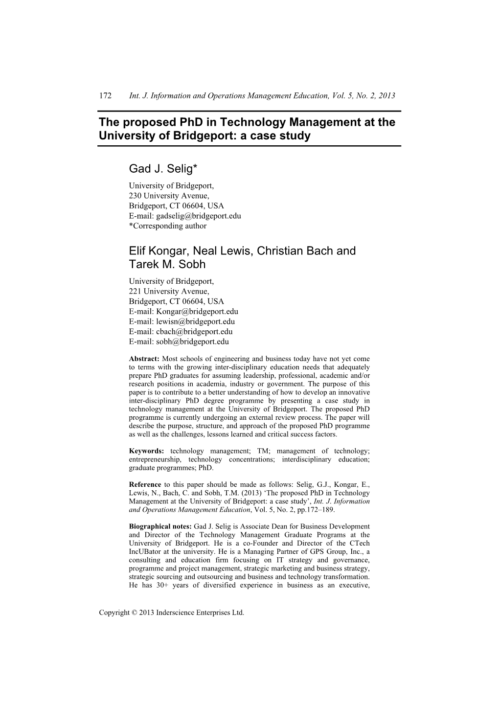 The Proposed Phd in Technology Management at the University of Bridgeport: a Case Study