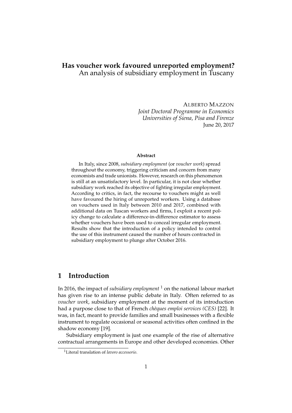 Has Voucher Work Favoured Unreported Employment? an Analysis of Subsidiary Employment in Tuscany