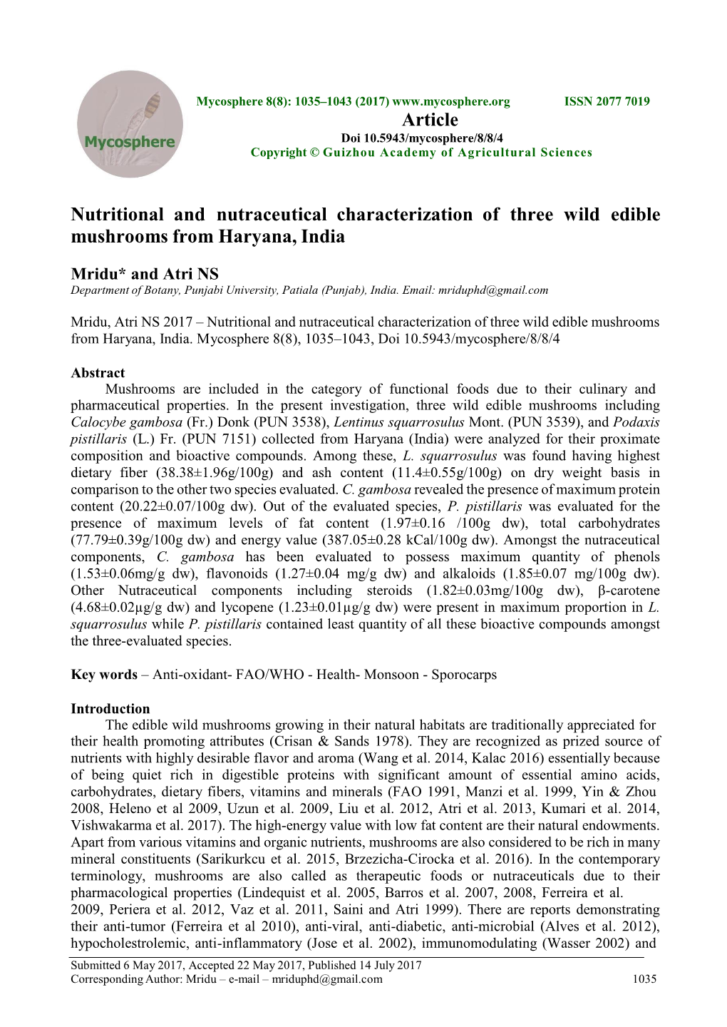 Nutritional and Nutraceutical Characterization of Three Wild Edible Mushrooms from Haryana, India