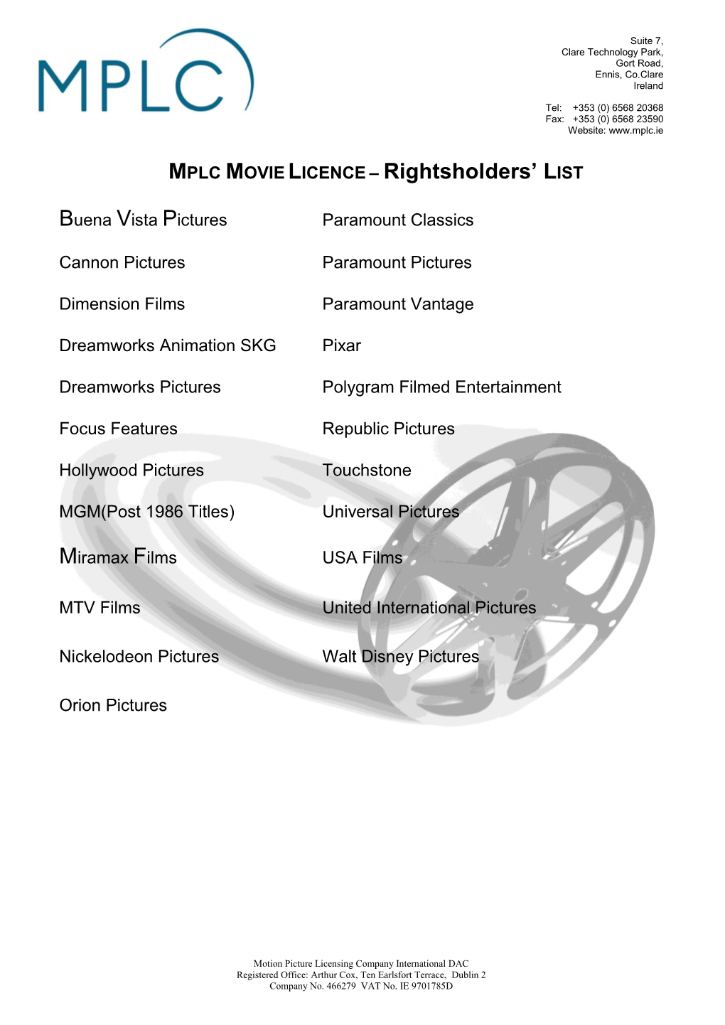 MPLC MOVIE LICENCE – Rightsholders’ LIST