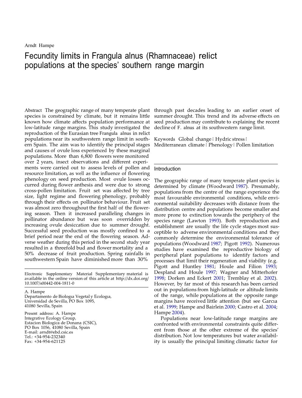 Fecundity Limits in Frangula Alnus (Rhamnaceae) Relict Populations at the Species’ Southern Range Margin