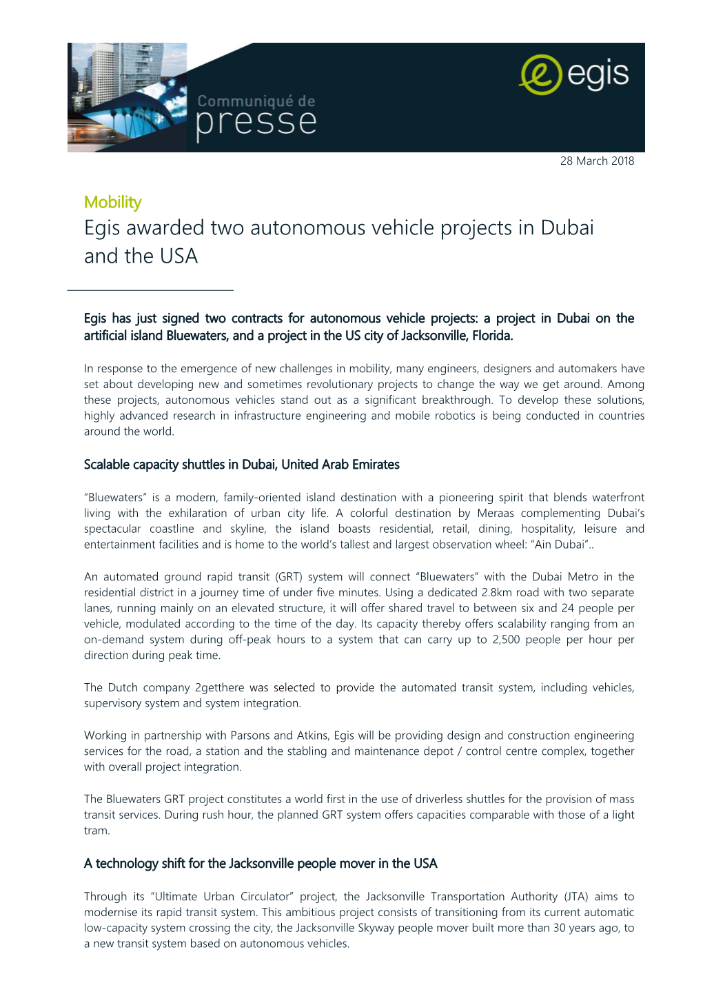 Egis Awarded Two Autonomous Vehicle Projects in Dubai and the USA