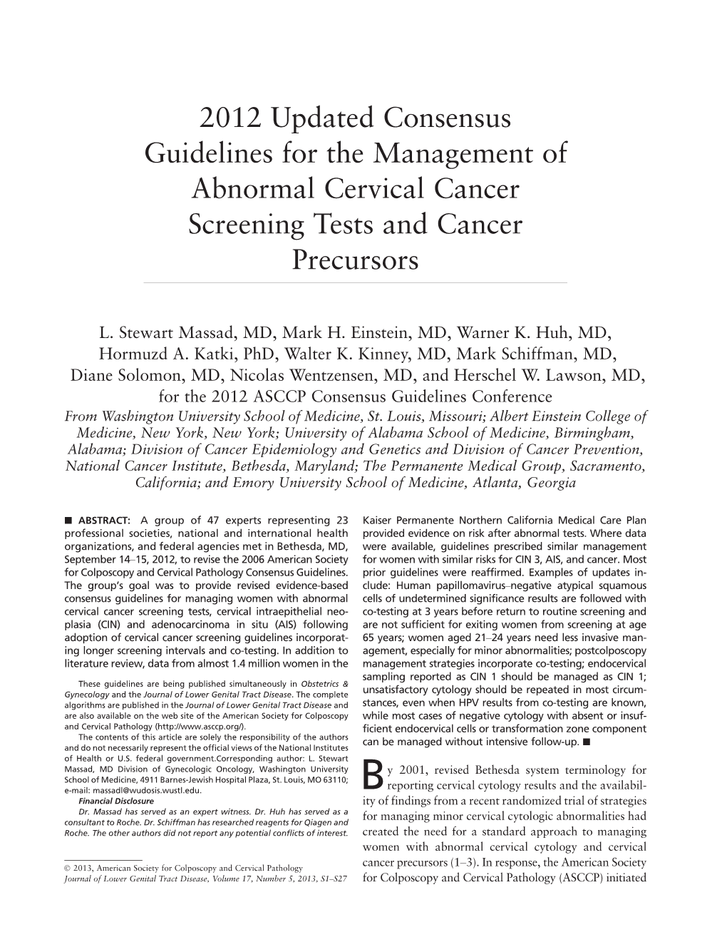 2012 Updated Consensus Guidelines for Managing Abnormal Cervical