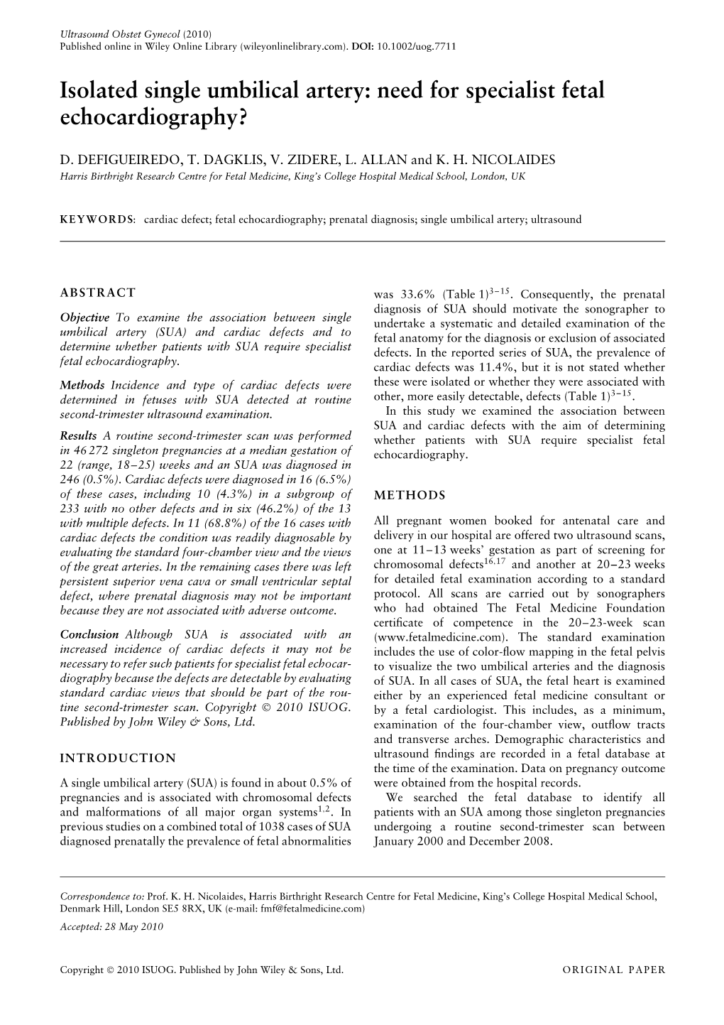 Isolated Single Umbilical Artery: Need for Specialist Fetal Echocardiography?