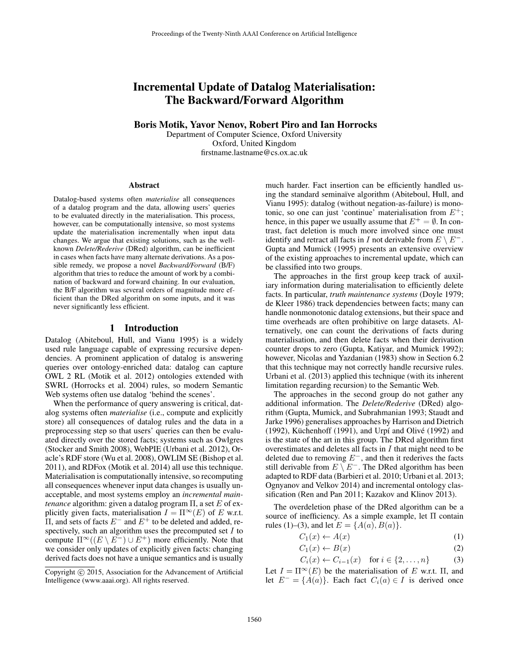 Incremental Update of Datalog Materialisation: the Backward/Forward Algorithm