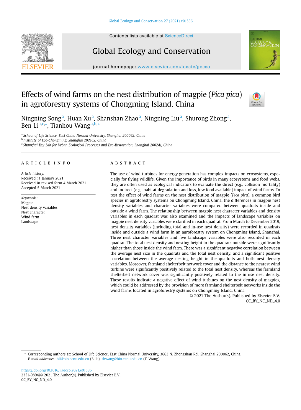Effects of Wind Farms on the Nest Distribution of Magpie (Pica Pica) ]] in Agroforestry Systems of Chongming Island, China ]]]]]]]]