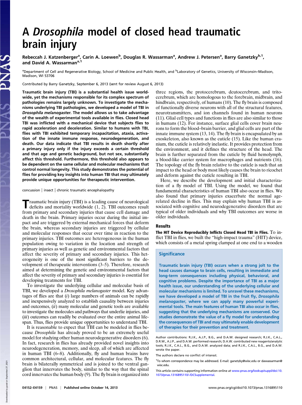 A Drosophila Model of Closed Head Traumatic Brain Injury