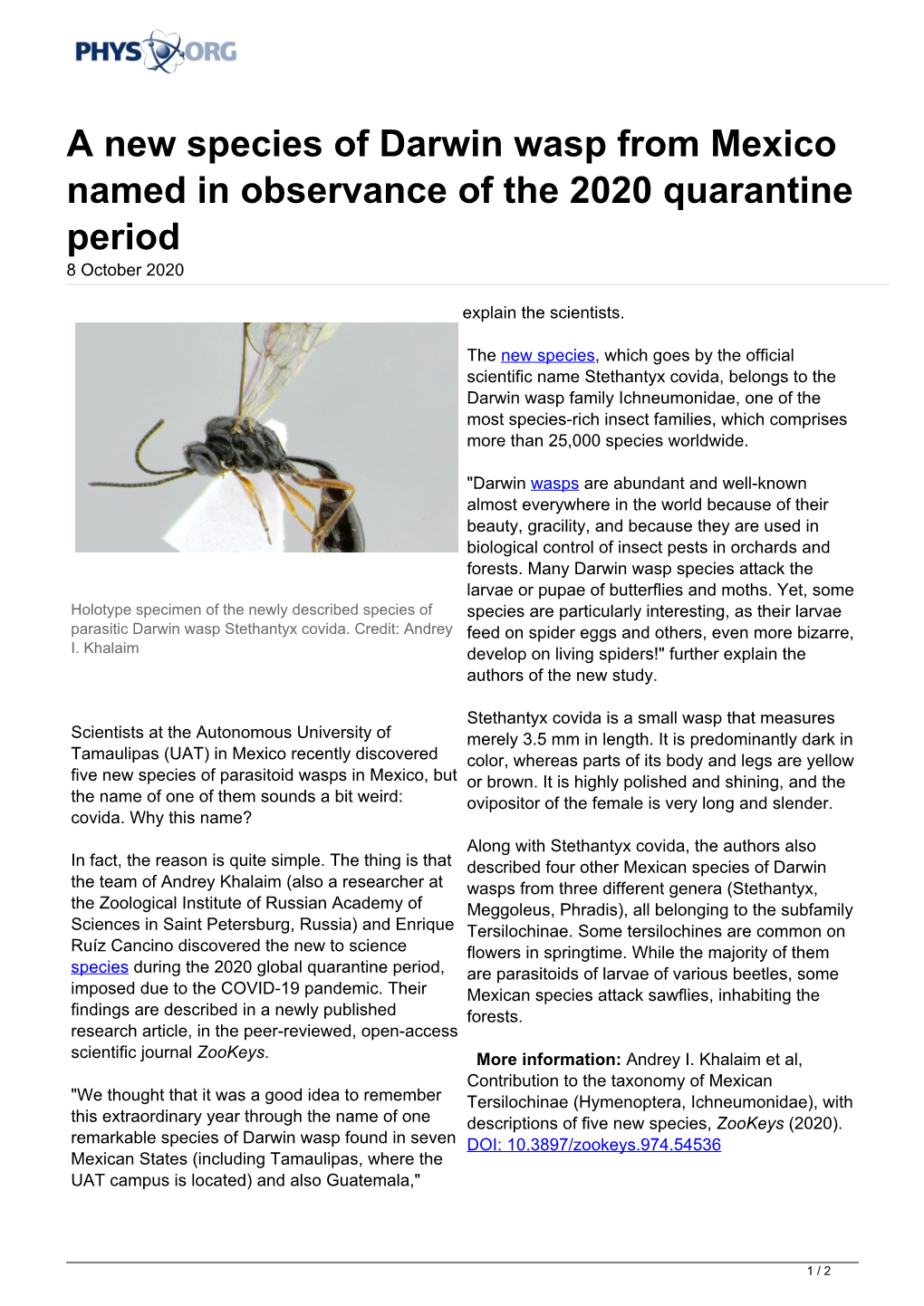 A New Species of Darwin Wasp from Mexico Named in Observance of the 2020 Quarantine Period 8 October 2020