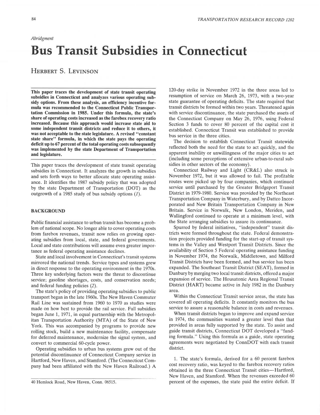 Bus Transit Subsidies in Connecticut