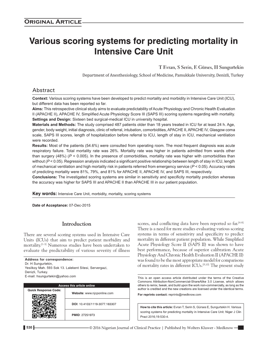 Various Scoring Systems for Predicting Mortality in Intensive Care Unit