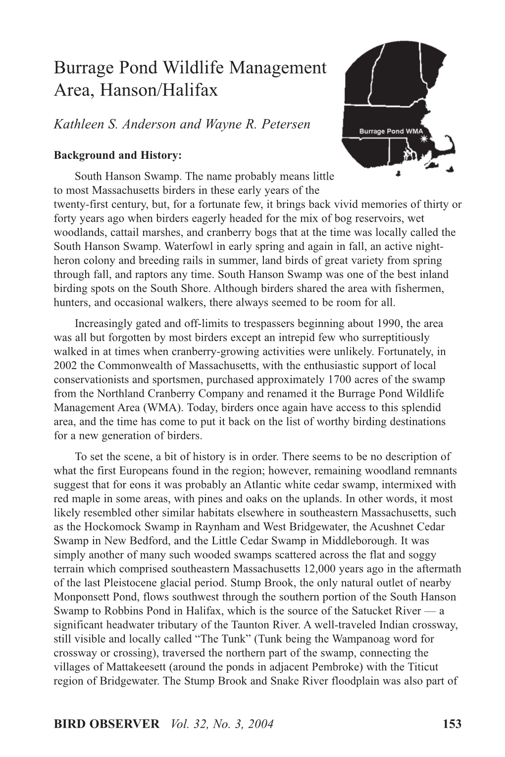 Birdobserver32.3 Page153-160 Burrage Pond Wildlife Management Area, Hanson-Halifax Kathleen S. Anderson, Wayne R. Petersen.Pdf