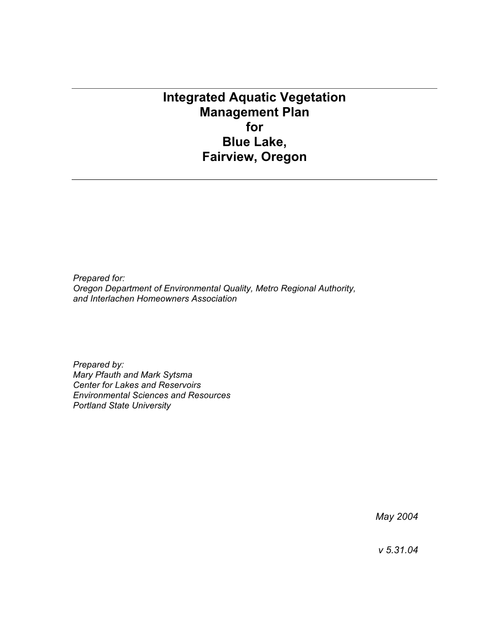 Integrated Aquatic Vegetation Management Plan for Blue Lake, Fairview, Oregon