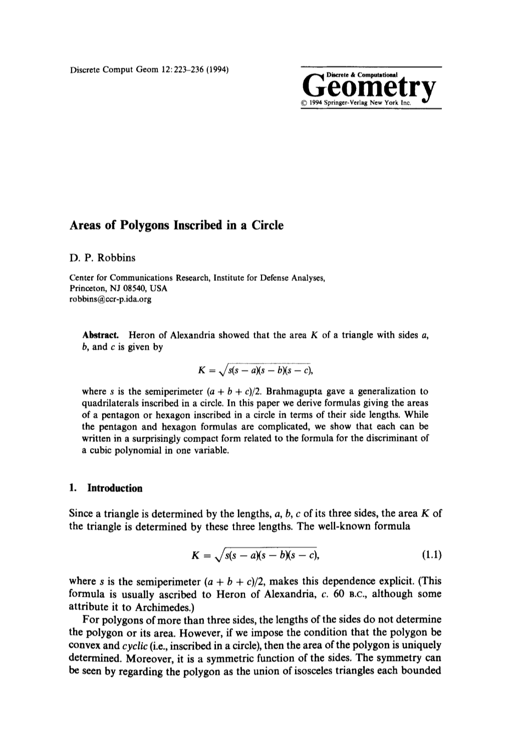 Areas of Polygons Inscribed in a Circle