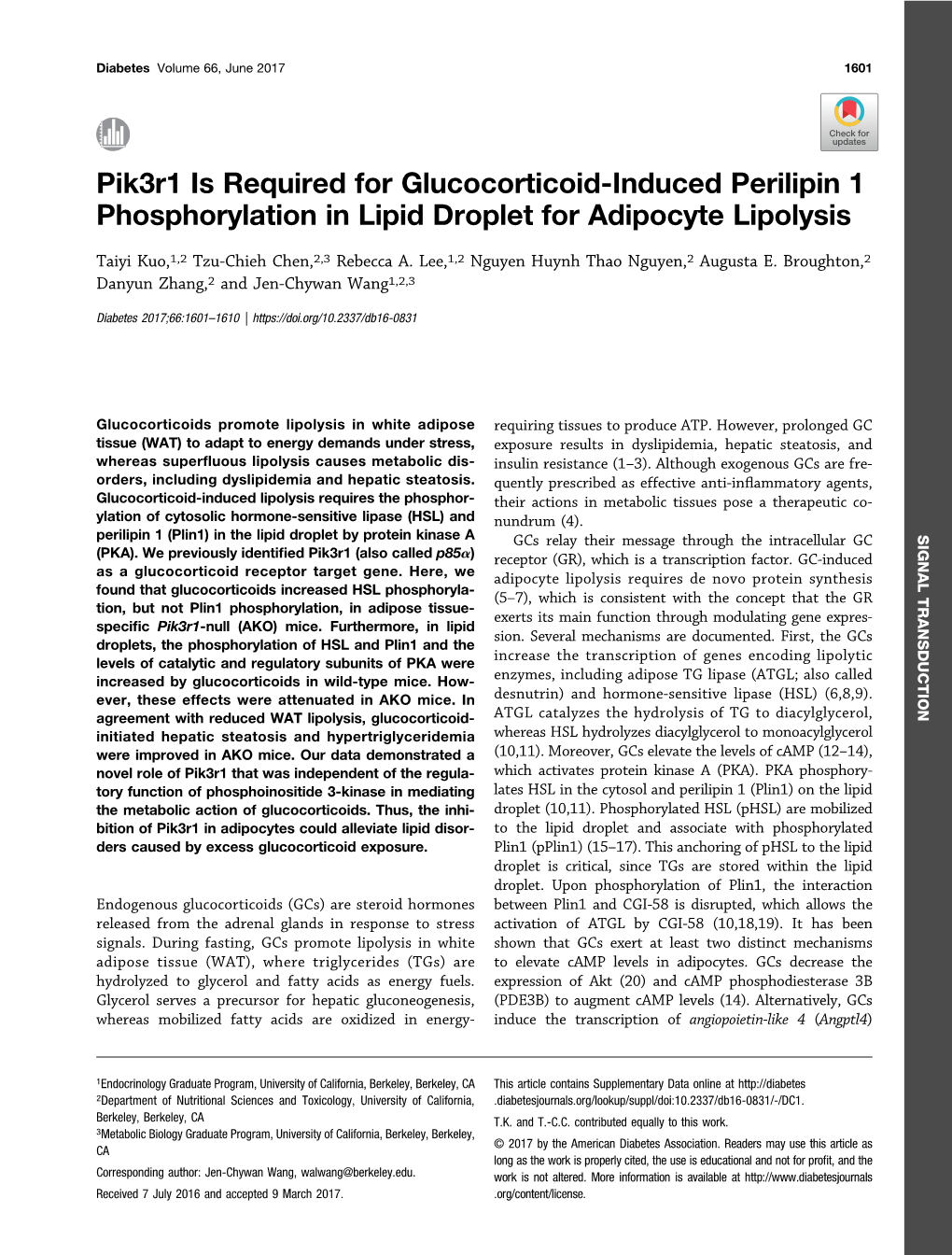 Pik3r1 Is Required for Glucocorticoid-Induced Perilipin 1 Phosphorylation in Lipid Droplet for Adipocyte Lipolysis