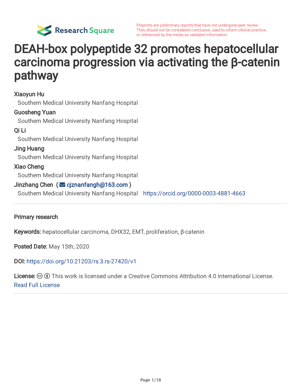 DEAH-Box Polypeptide 32 Promotes Hepatocellular Carcinoma Progression Via Activating the Β-Catenin Pathway