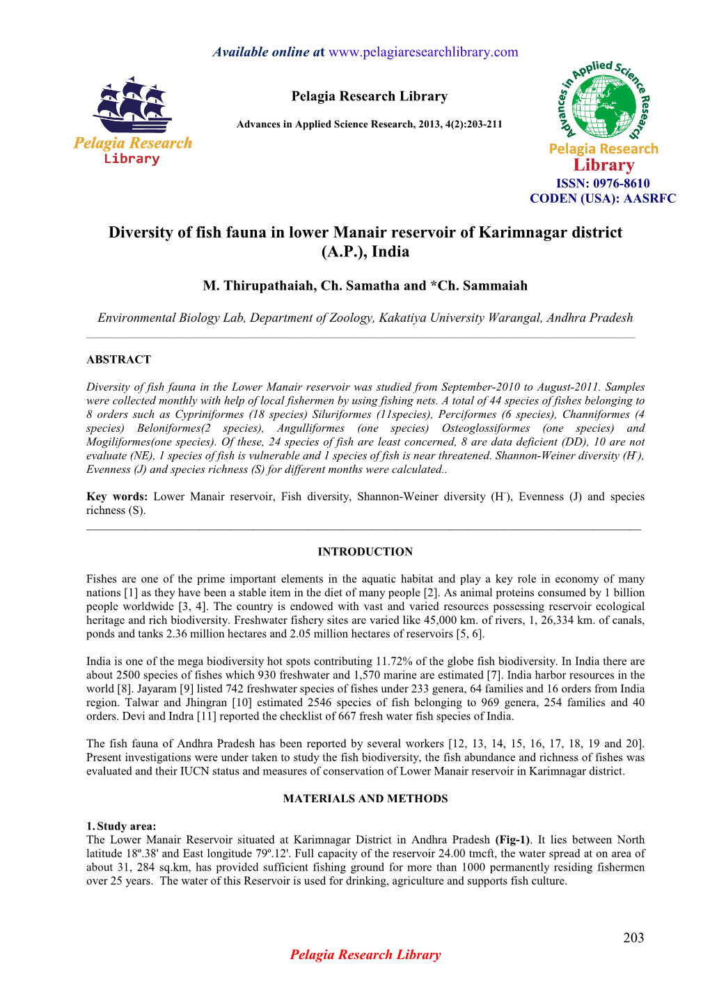 Diversity of Fish Fauna in Lower Manair Reservoir of Karimnagar District (A.P.), India