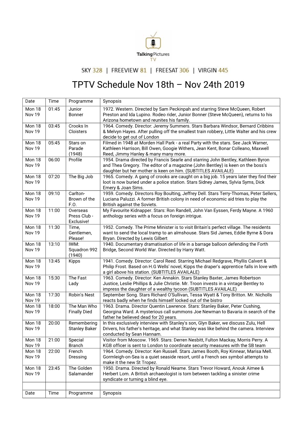 TPTV Schedule Nov 18Th – Nov 24Th 2019