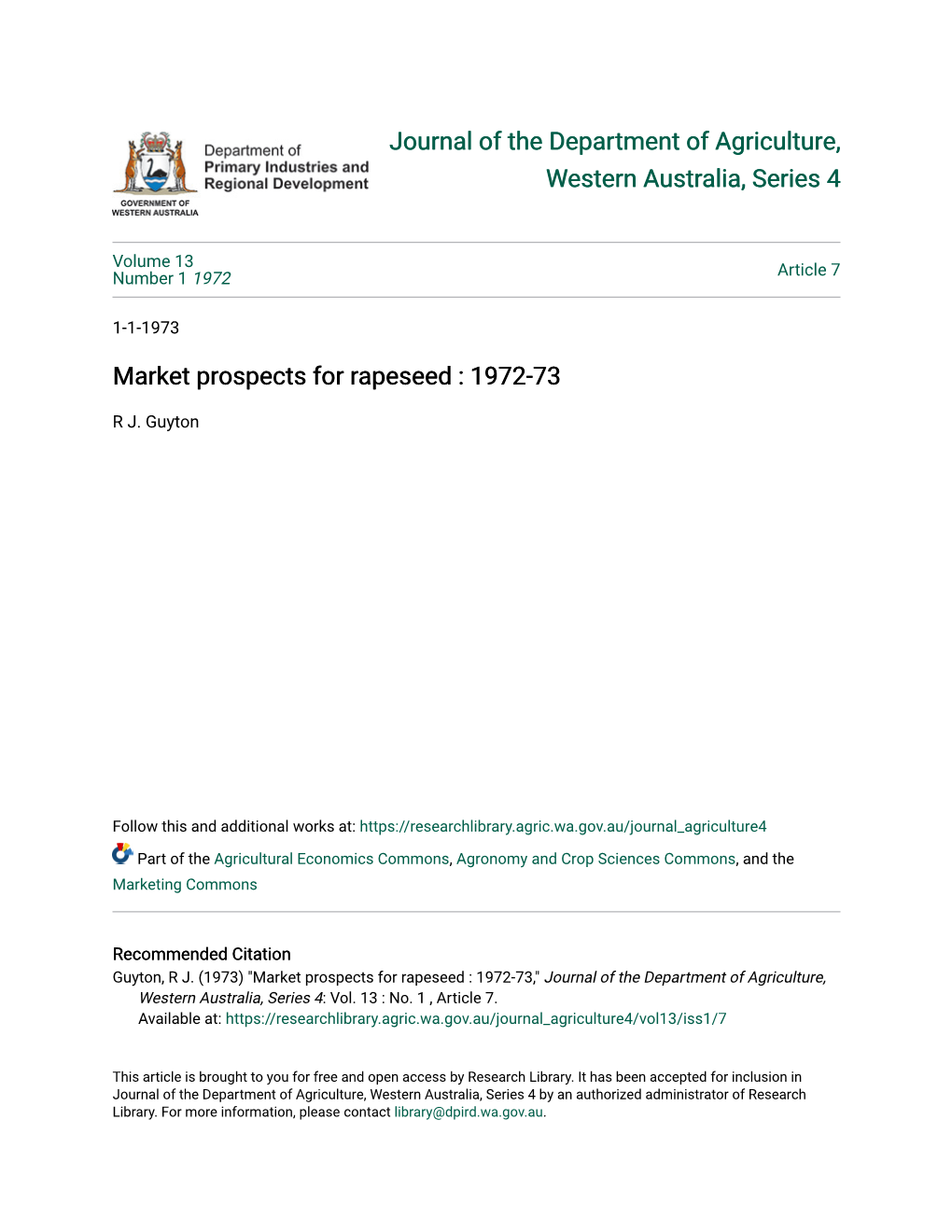 Market Prospects for Rapeseed : 1972-73