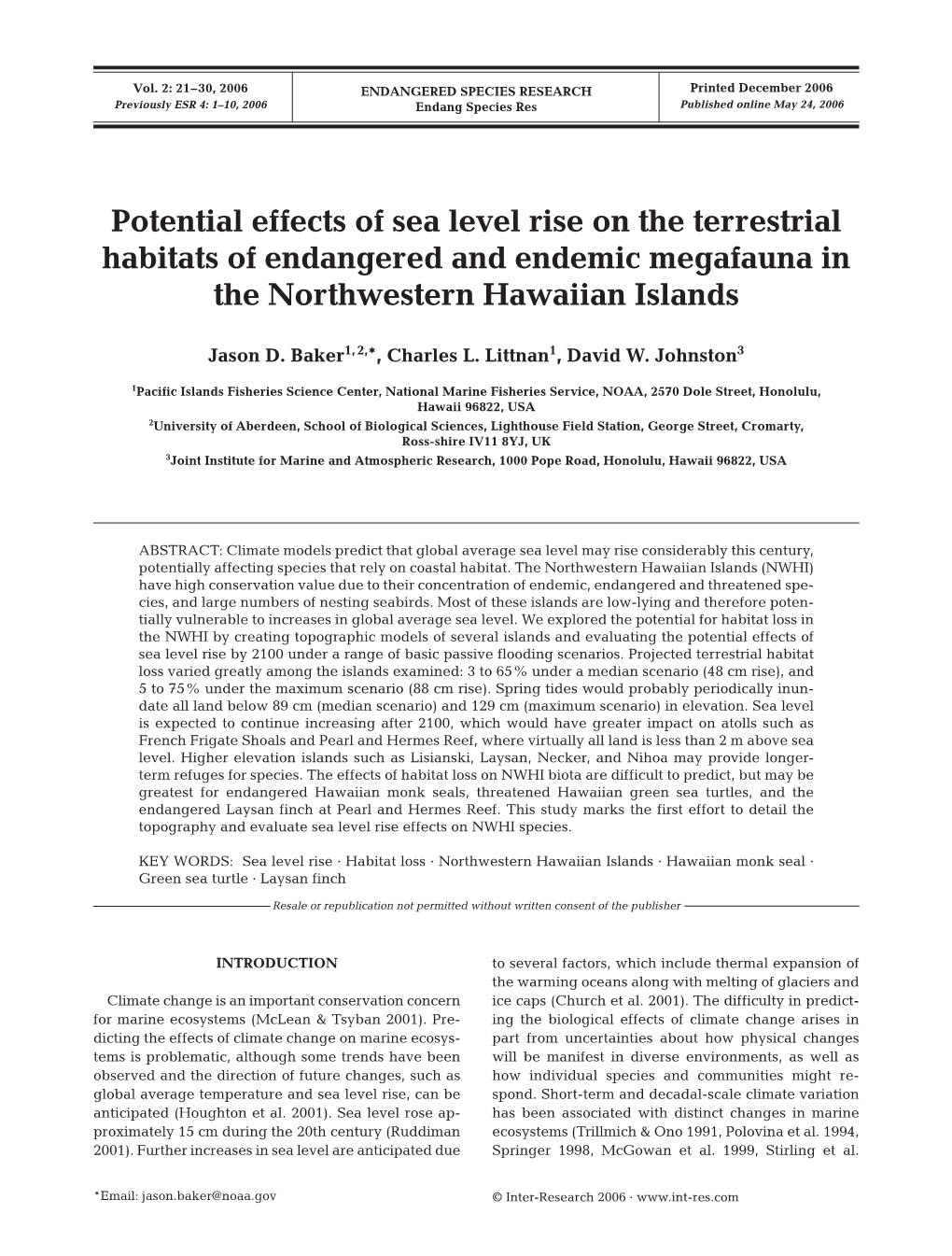 Potential Effects of Sea Level Rise on the Terrestrial Habitats of Endangered and Endemic Megafauna in the Northwestern Hawaiian Islands