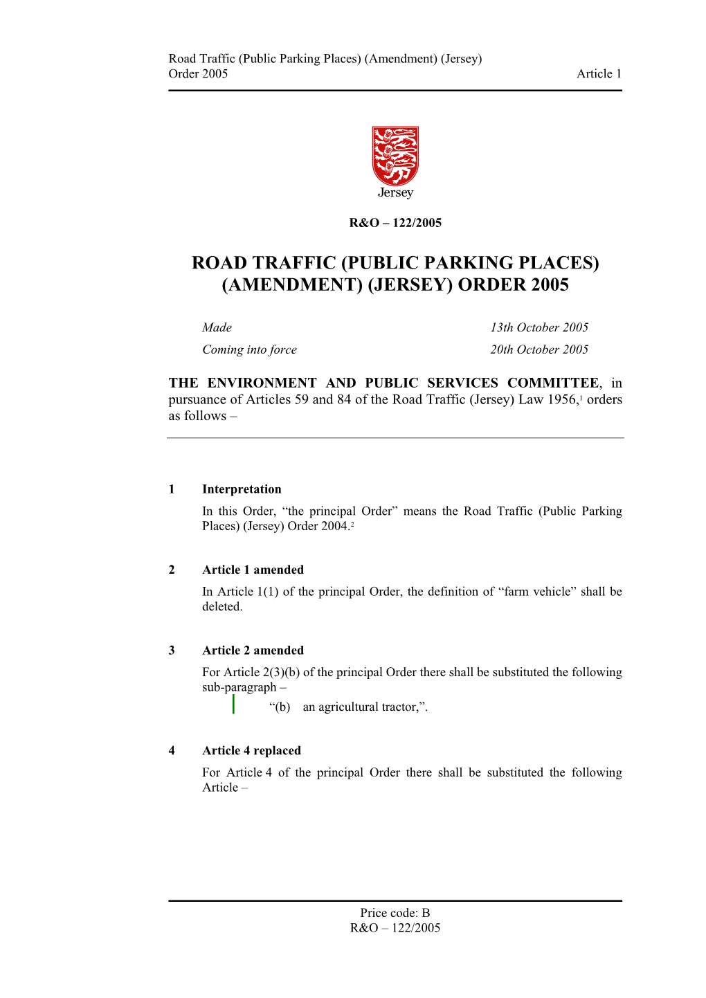 Public Parking Places) (Amendment) (Jersey) Order 2005 Article 1