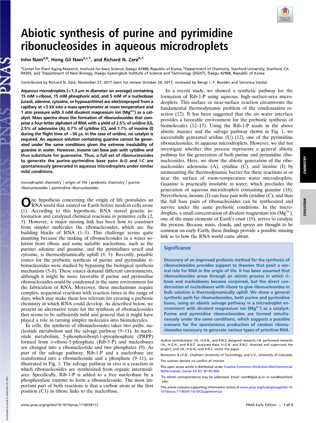 Abiotic Synthesis of Purine and Pyrimidine Ribonucleosides in Aqueous Microdroplets